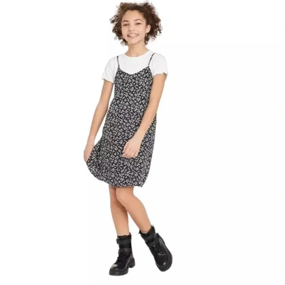 Art Class Dress Girls 7-8 Medium Black White Floral Spaghetti Strap Rayon Summer